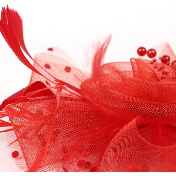 Elegant Red Flower Fascinator Hat – Feather Mesh Tea Party Headpiece for Women & - Picture 6 of 7